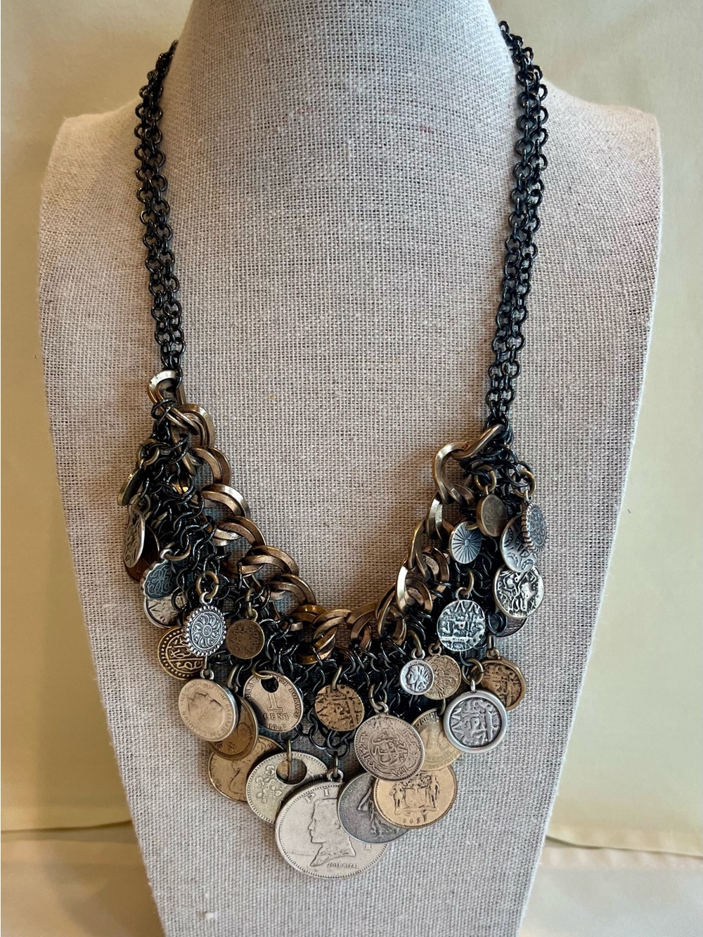 Vintage-Inspired Black and Silver Coin Statement Necklace - Womens Jewelry